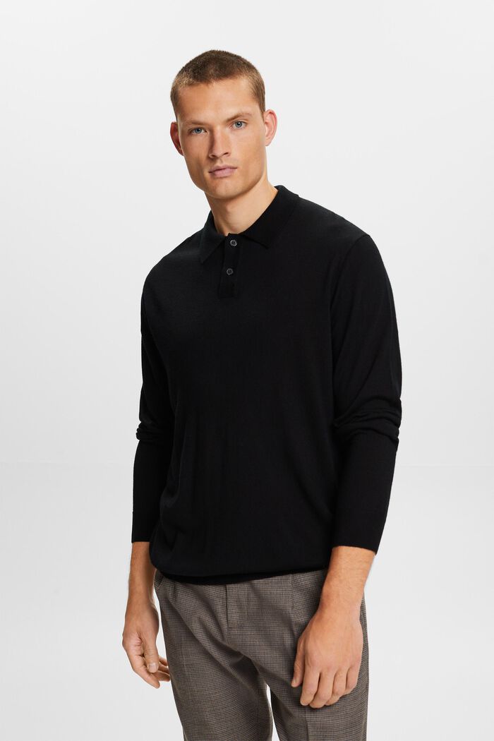 Wool Polo Sweater, BLACK, detail image number 2