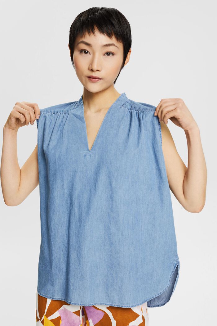 Short-sleeved blouse in a denim look, BLUE MEDIUM WASHED, detail image number 0