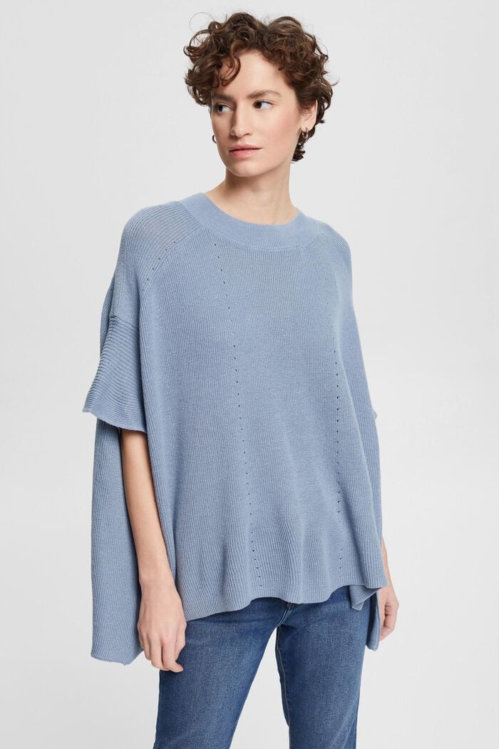 Wool blend: poncho with openwork elements, LIGHT BLUE LAVENDER, overview