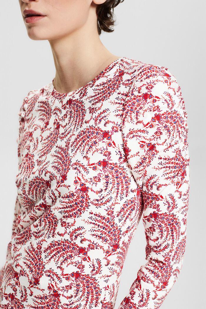 Long sleeve top with a floral pattern, in organic cotton, OFF WHITE, overview