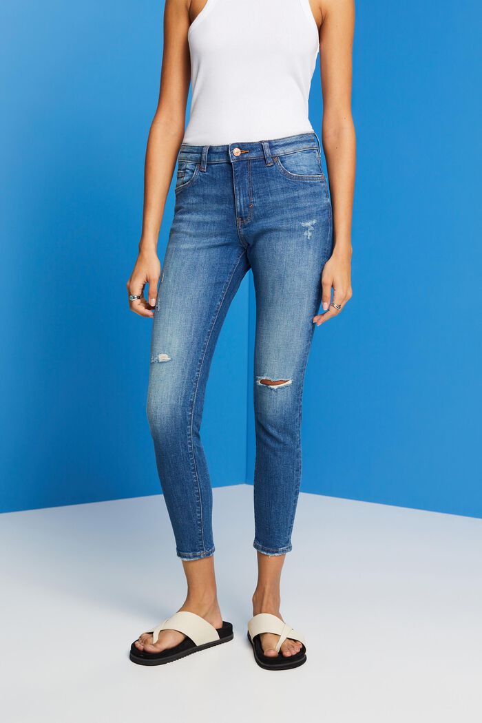 Cropped skinny jeans in a used look, BLUE MEDIUM WASHED, detail image number 0