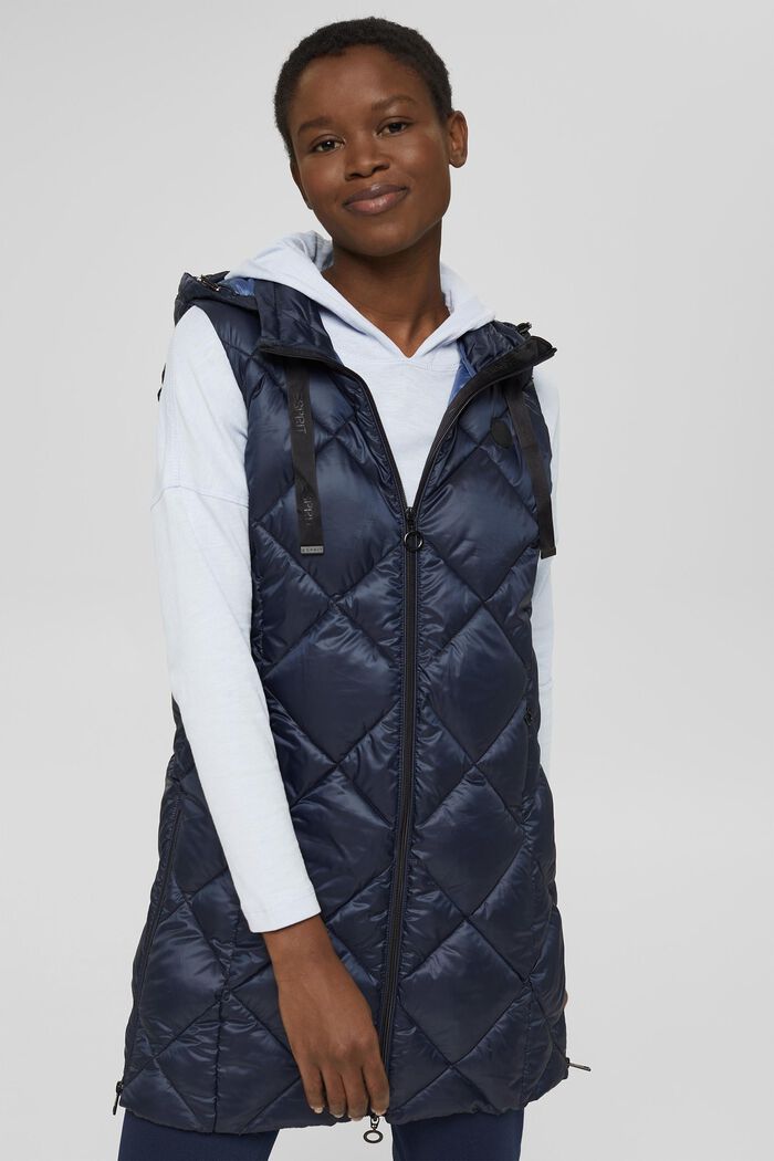 Recycled: long quilted body warmer with hood, NAVY, detail image number 0