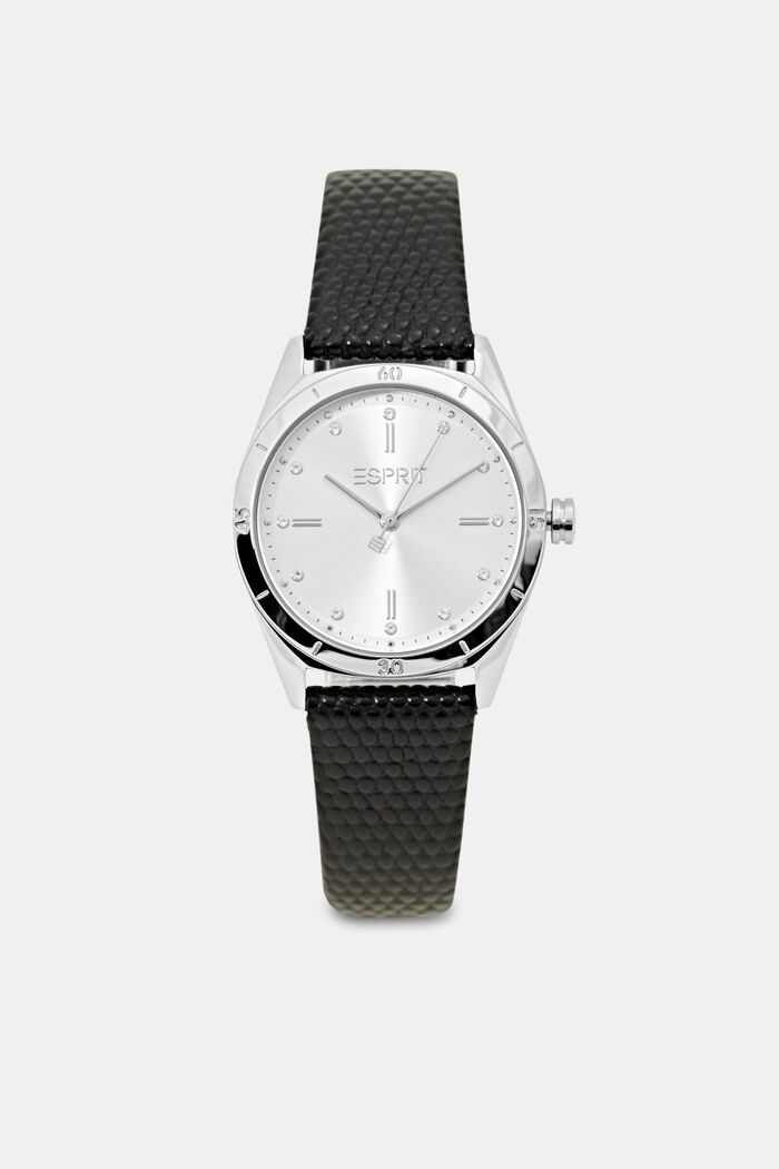 Stainless steel watch with a textured leather strap, BLACK, detail image number 0