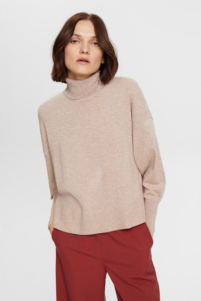 Roll neck wool blend jumper with cashmere, LIGHT TAUPE, detail image number 1
