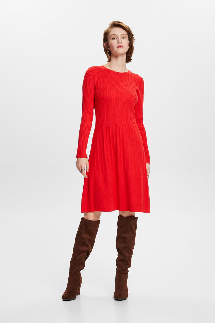 Pleated Rib-Knit Dress, RED, detail image number 0