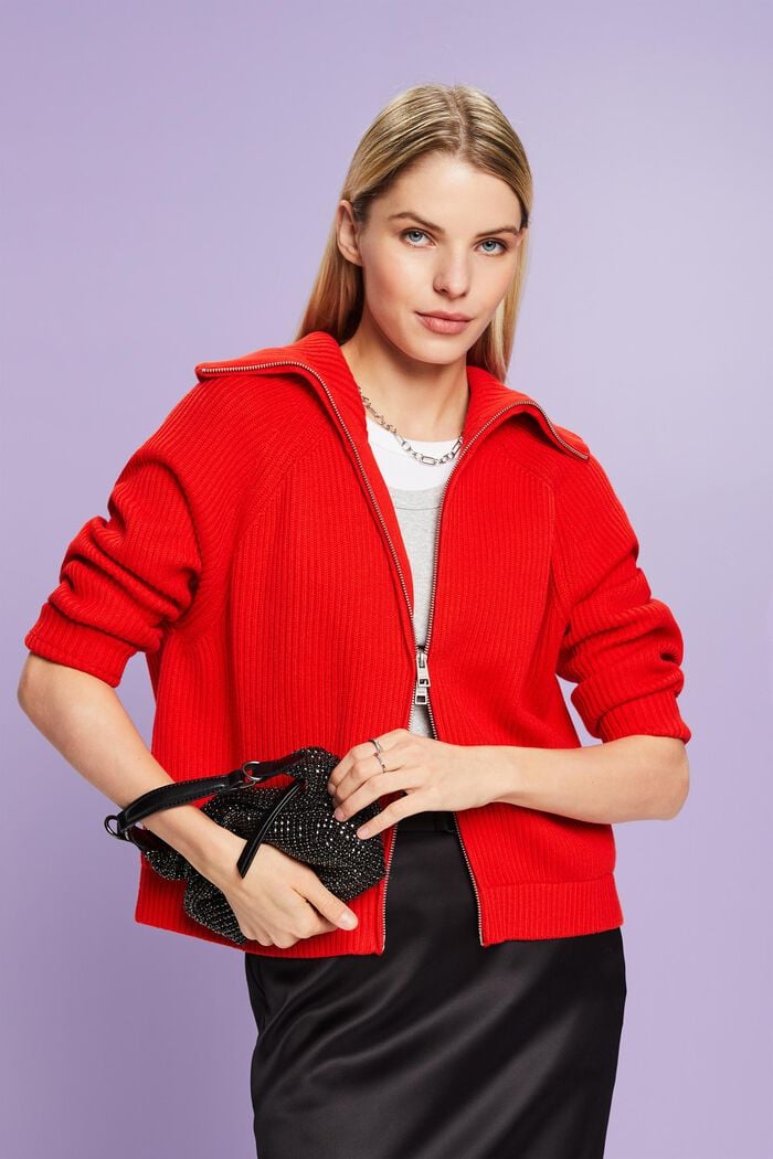 Rib-Knit Zip Cardigan, RED, detail image number 4