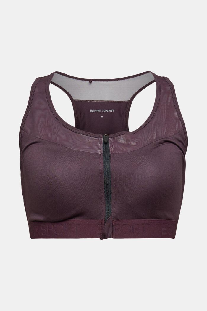 Padded sports bra with a zip and a mobile phone pouch, AUBERGINE, overview