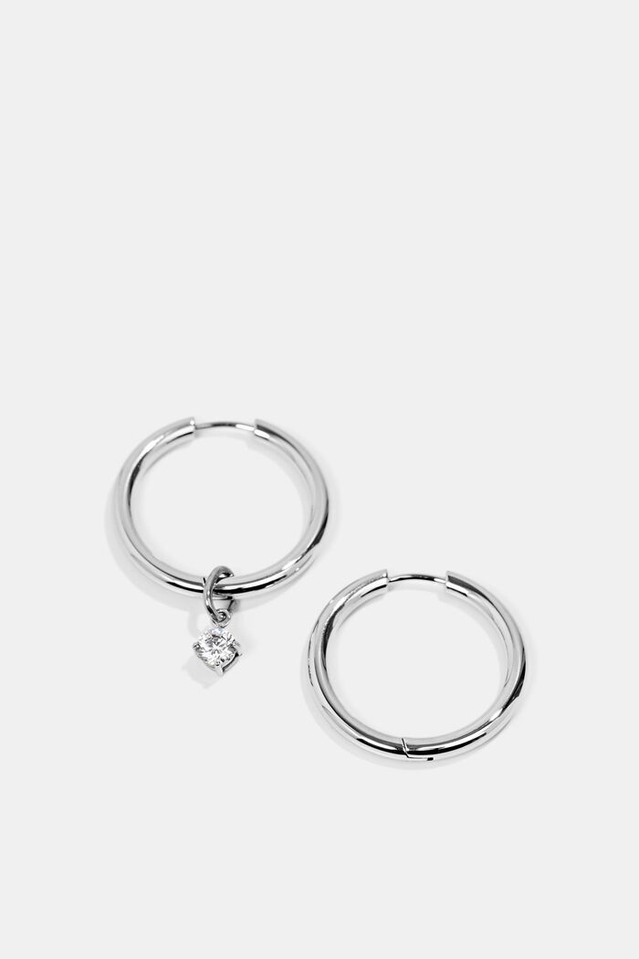 Stainless steel hoop earrings with a zirconia pendant, SILVER, detail image number 0