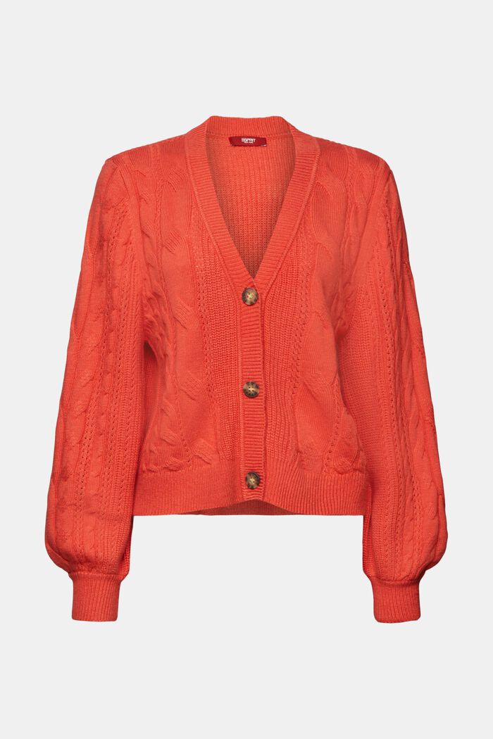 Cable knit cardigan, wool blend, CORAL RED, detail image number 6