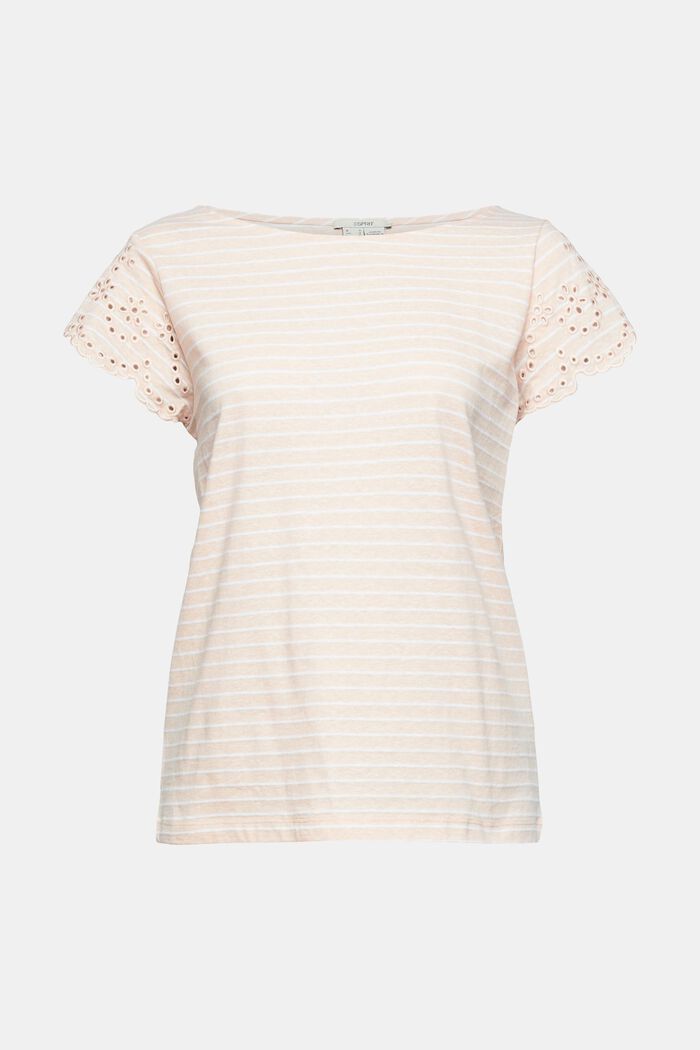 Made of recycled material: striped T-shirt trimmed with broderie anglaise, NUDE, overview