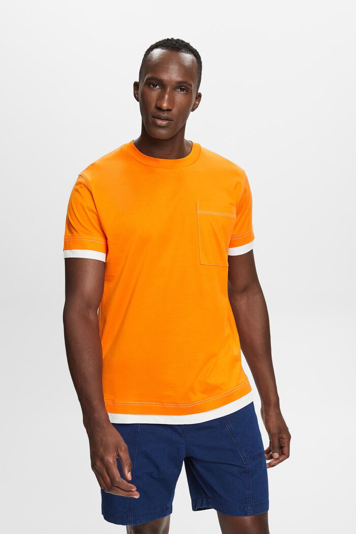 Crewneck t-shirt in a layered look, 100% cotton, BRIGHT ORANGE, detail image number 0