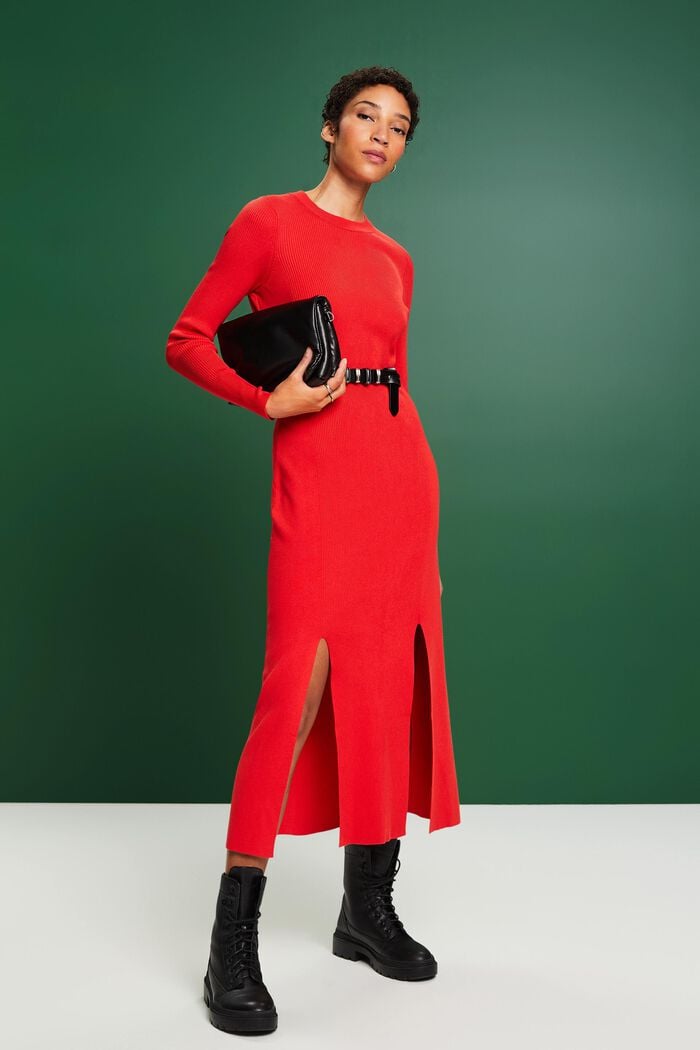Rib-Knit Midi Dress, RED, detail image number 4