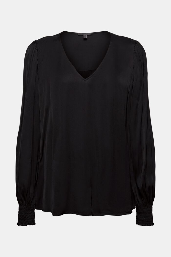 Satin blouse with balloon sleeves, BLACK, overview