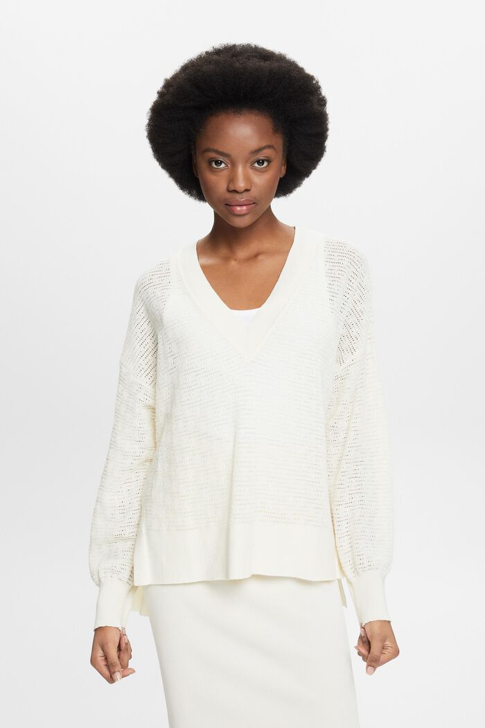 Pointelle V-Neck Sweater, OFF WHITE, detail image number 0