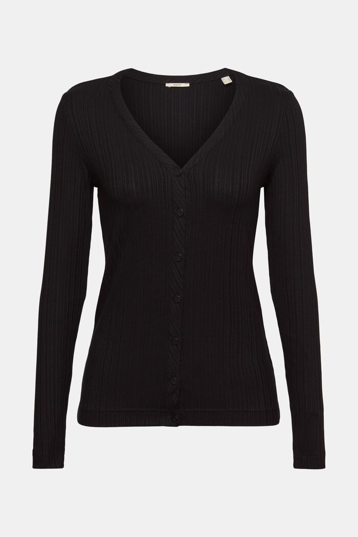 Buttoned v-neck long sleeve top, BLACK, overview