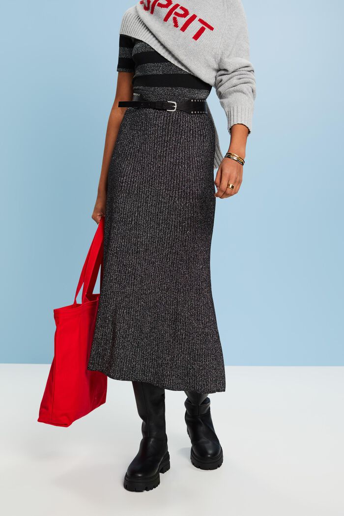 Lamé Rib-Knit Midi Skirt, BLACK, detail image number 0