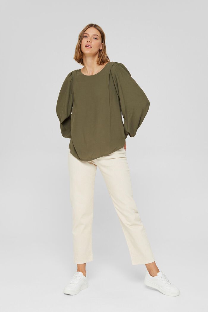 Wide blouse with balloon sleeves, LENZING™ ECOVERO™, DARK KHAKI, detail image number 1