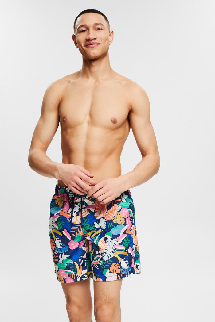 Swim shorts with a tropical print, NAVY, detail image number 0