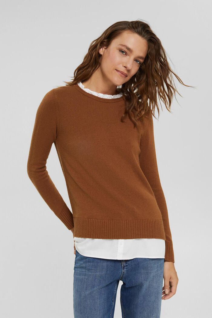 Wool blend: layered-effect jumper, TOFFEE, detail image number 0
