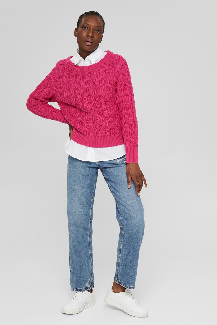 Cable knit jumper made of blended cotton, PINK FUCHSIA, detail image number 5