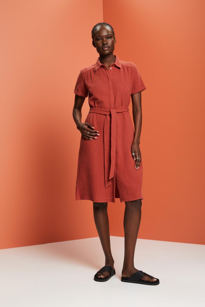 Casual shirt dress with a tie belt, 100% cotton, TERRACOTTA, detail image number 4