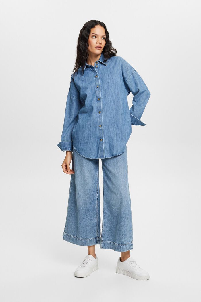 Oversized jeans shirt blouse, 100% cotton, BLUE MEDIUM WASHED, detail image number 5