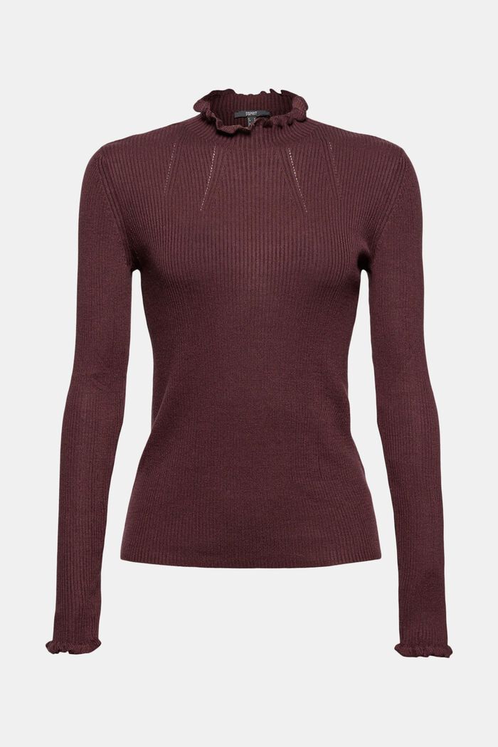Wool blend: ribbed jumper with frills, BORDEAUX RED, overview