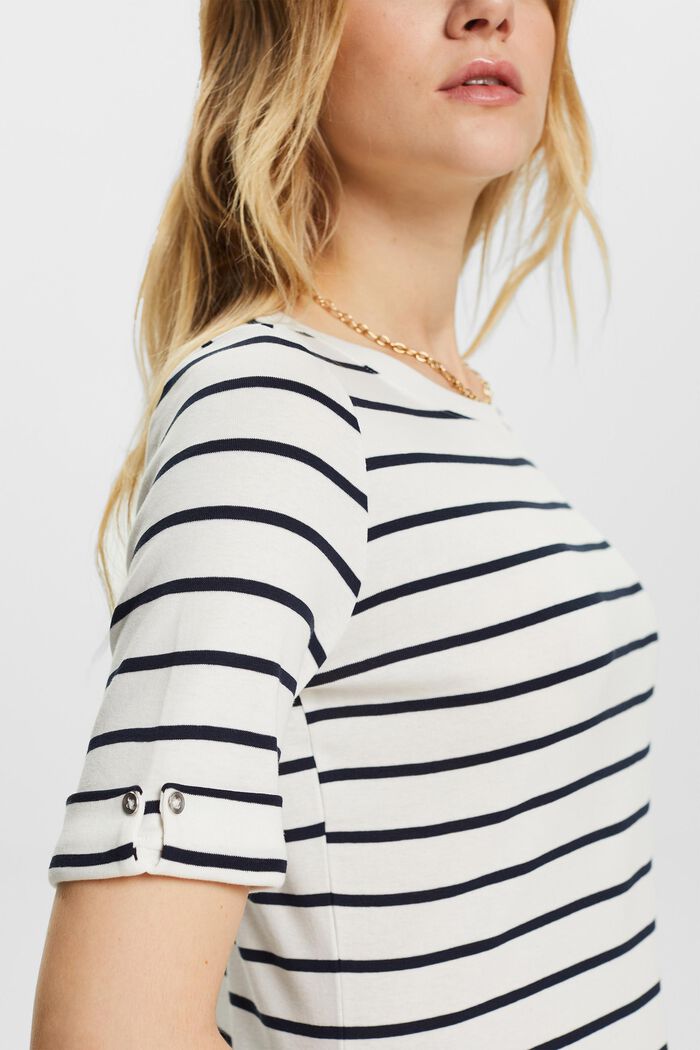 Striped Round Neck Cotton Top, OFF WHITE, detail image number 2