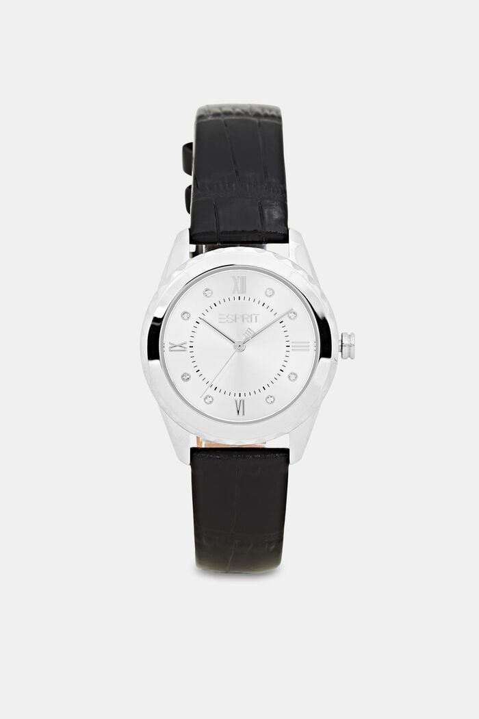 Stainless steel watch with a textured leather strap, BLACK, detail image number 0