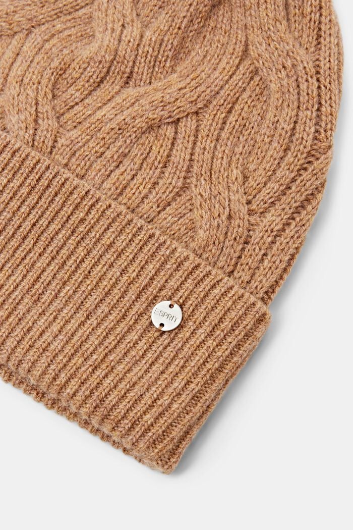 Wool Cashmere Cable-Knit Beanie, CAMEL, detail image number 1