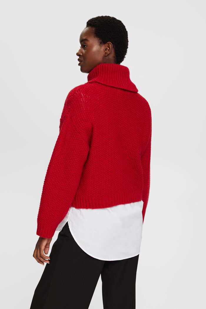 Roll neck cable knit sweater with wool, DARK RED, detail image number 3