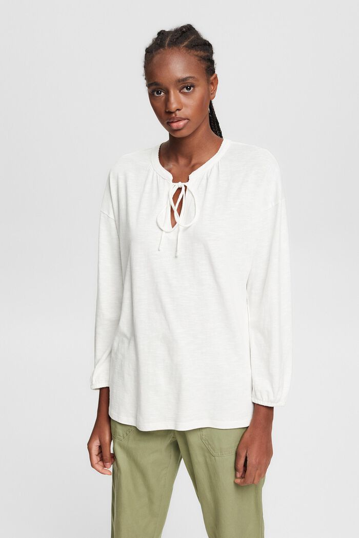 Long sleeve top in a blouse look made of blended organic cotton, OFF WHITE, detail image number 0