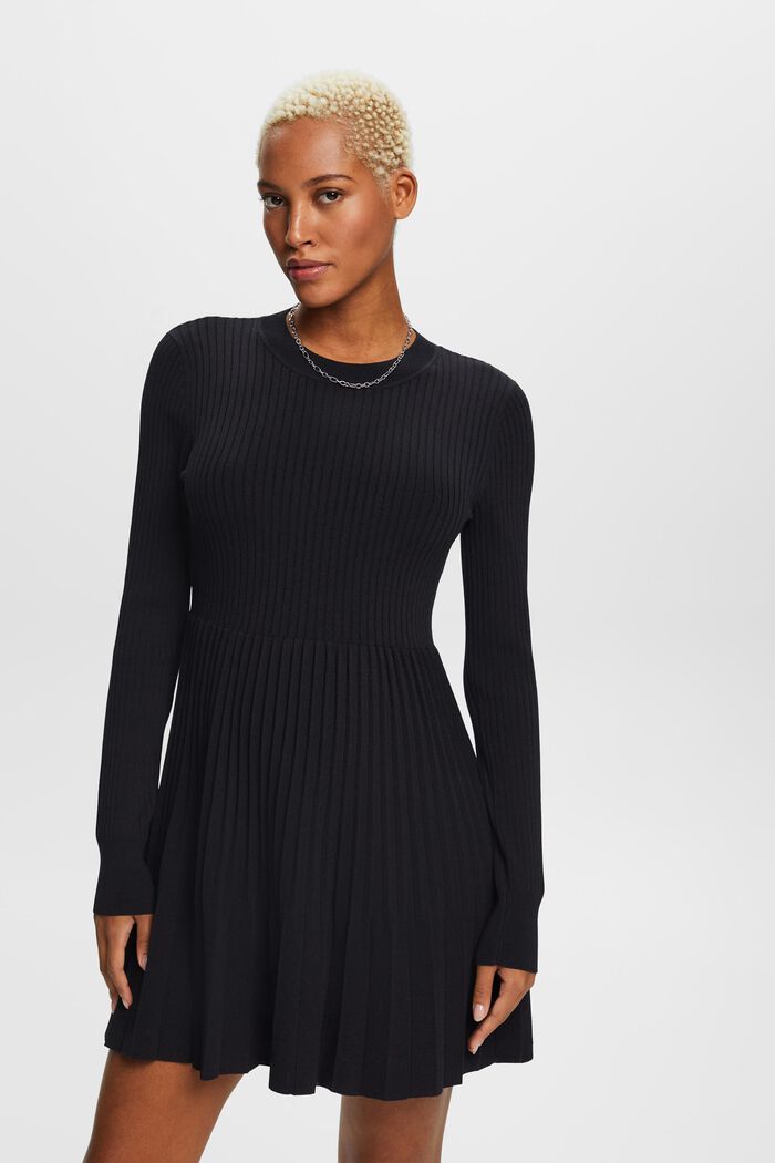 Pleated mini dress with long-sleeves & crewneck, BLACK, detail image number 0
