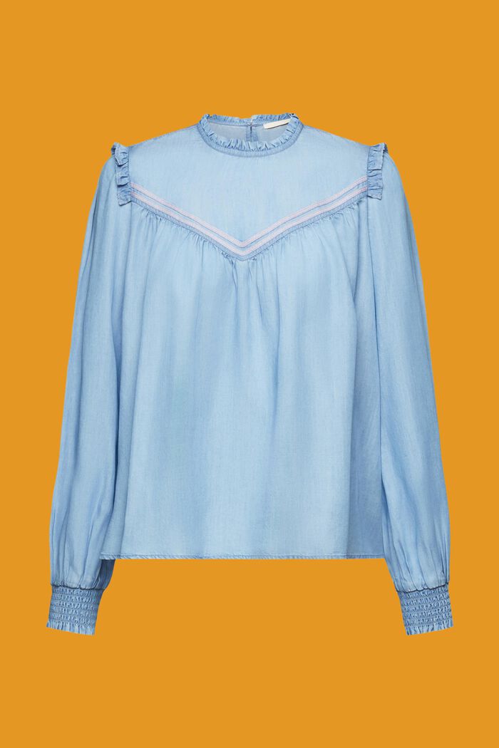 Faux-denim frilly blouse, BLUE MEDIUM WASHED, detail image number 5