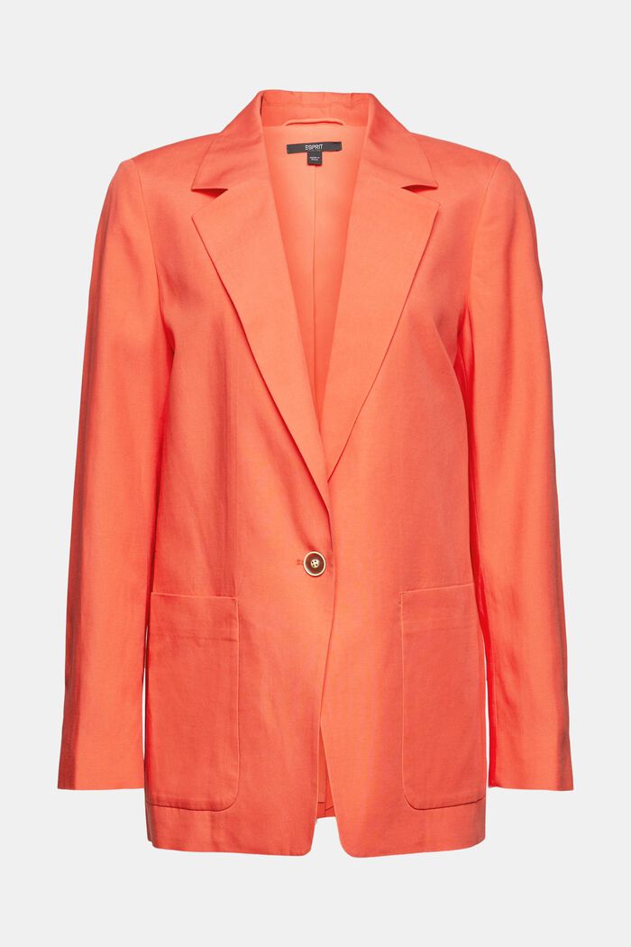 Linen blend: long 1-button blazer, CORAL ORANGE, overview