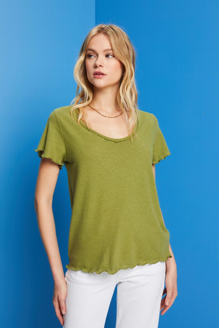 T-shirt with rolled hems, cotton-linen blend, PISTACHIO GREEN, detail image number 0