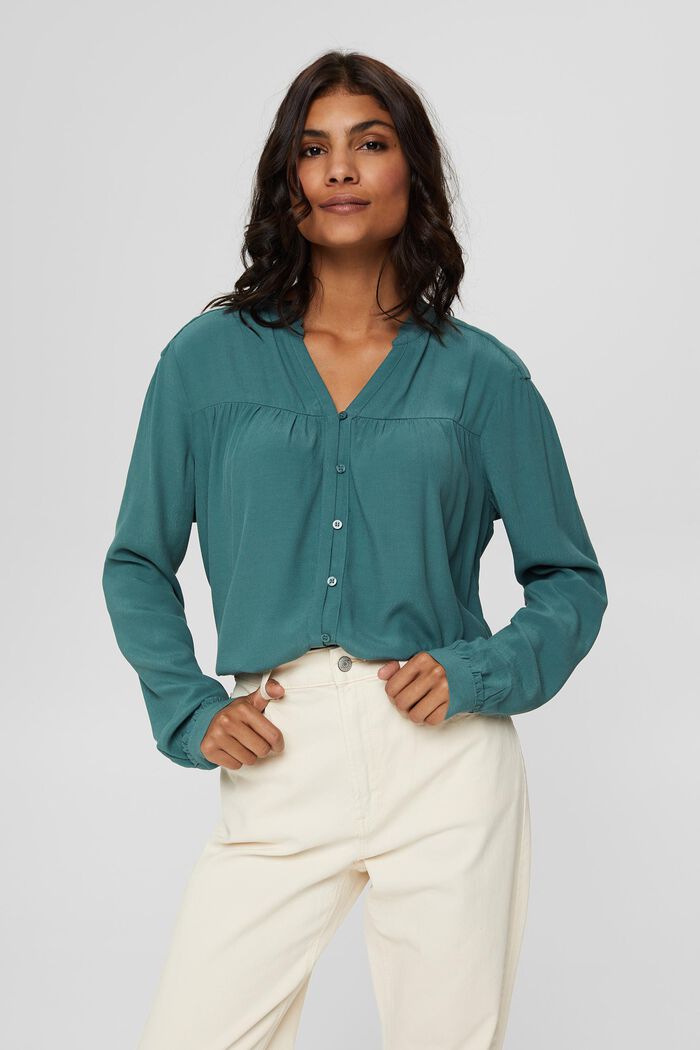 Henley blouse with frills, LENZING™ ECOVERO™, TEAL BLUE, detail image number 0