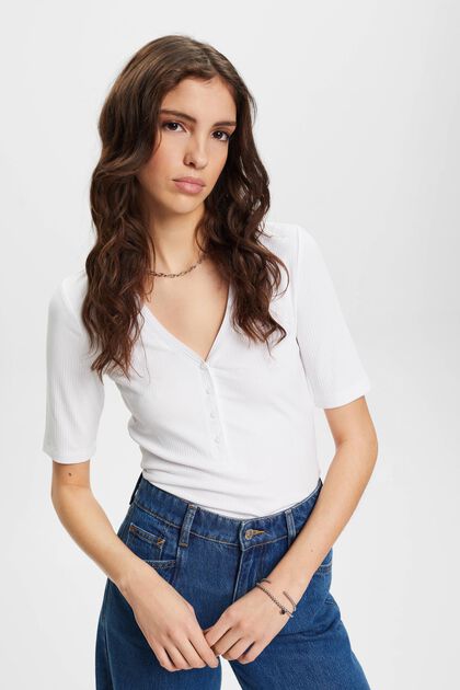 Henley ribbed short-sleeved top