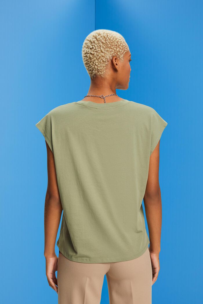 V-neck sleeve-less cotton T-shirt, LIGHT KHAKI, detail image number 3