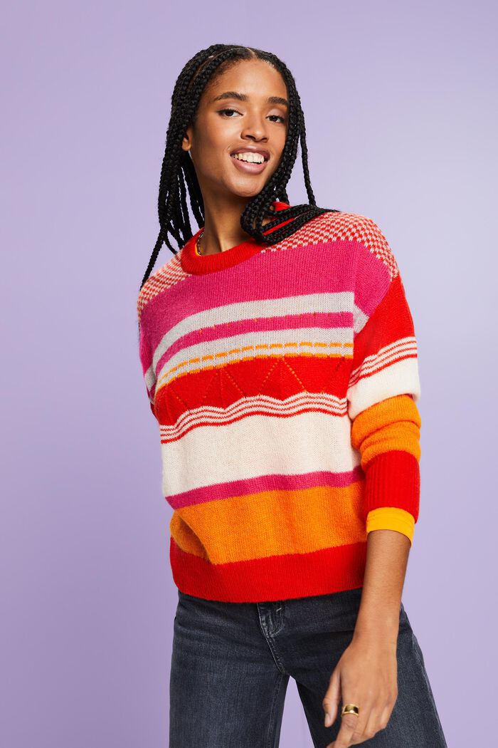 Striped Crewneck Sweater, RED, detail image number 0