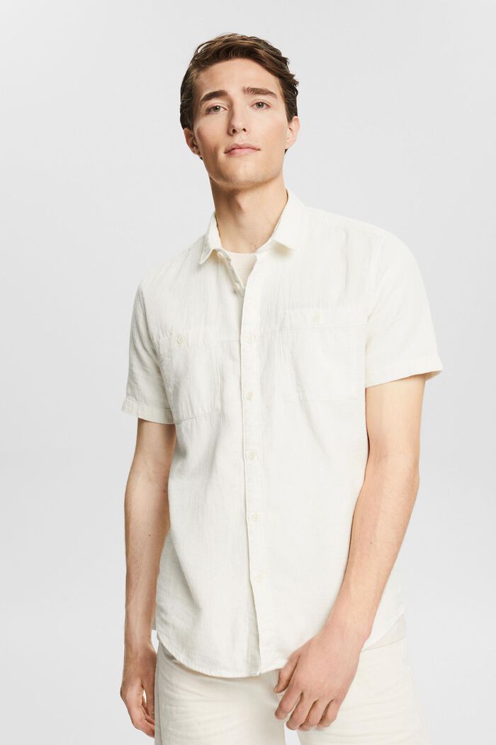 Short sleeve material-mix shirt, OFF WHITE, detail image number 0