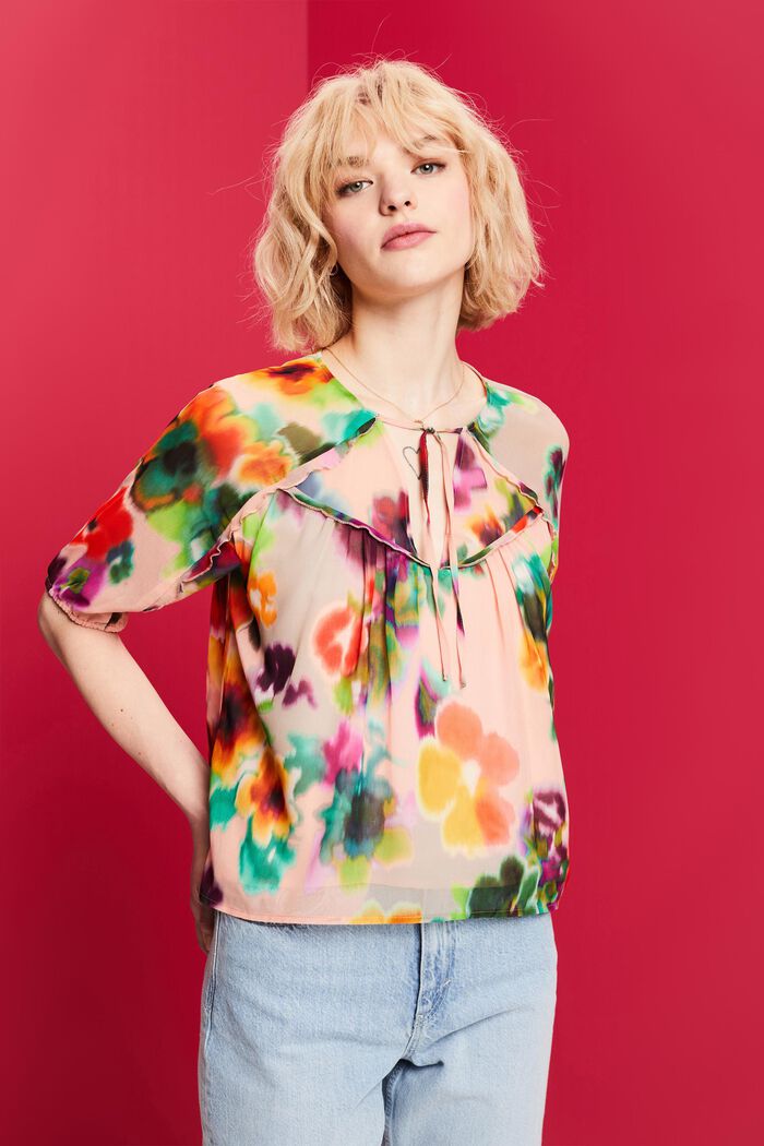 Floral Print Chiffon Blouse, CORAL, detail image number 0