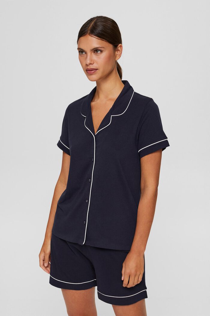 Pyjamas with a lapel collar, 100% organic cotton, NAVY, detail image number 1