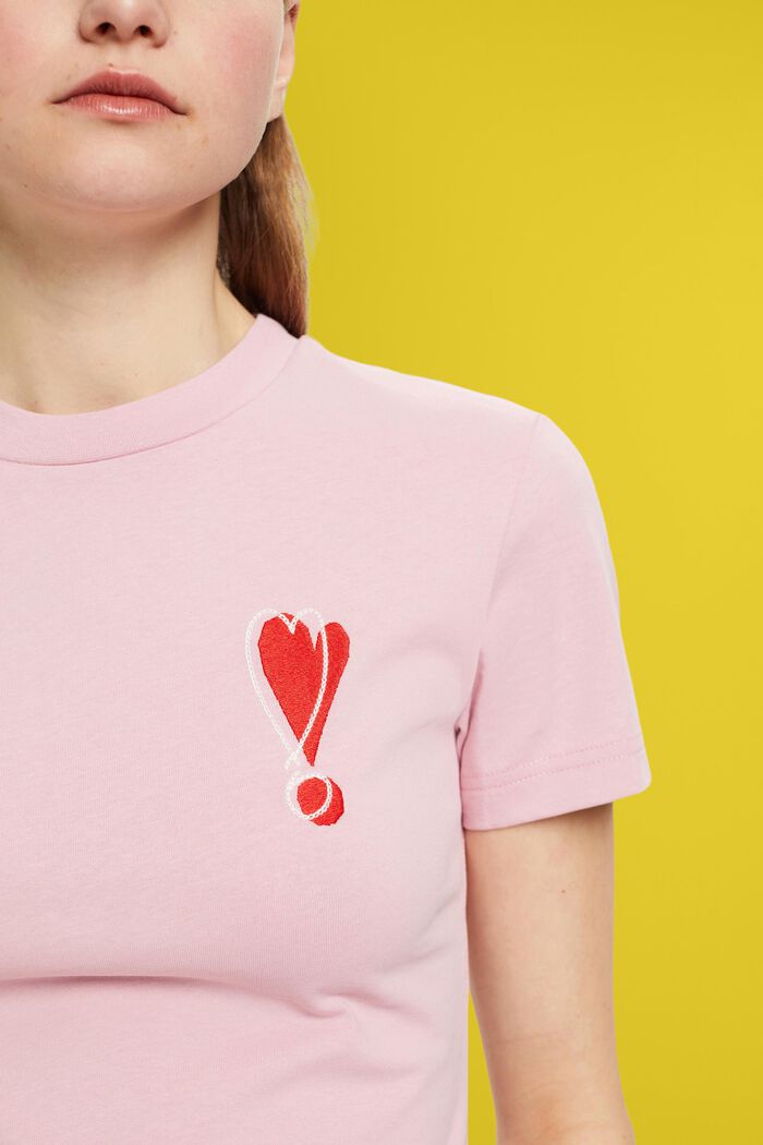 Cotton T-shirt with embroidered heart motif, PINK, detail image number 2