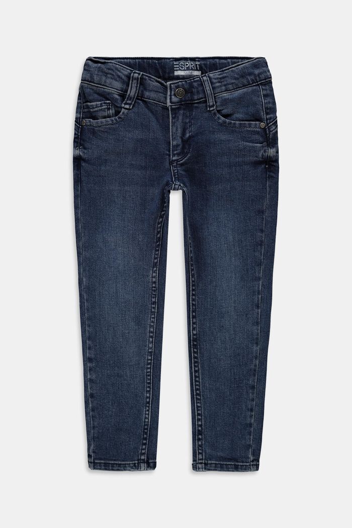 Recycled: hem slit jeans with an adjustable waistband, BLUE DARK WASHED, overview
