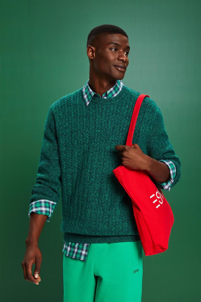 Melange Cable Knit Crewneck Sweater, GREEN, detail image number 1