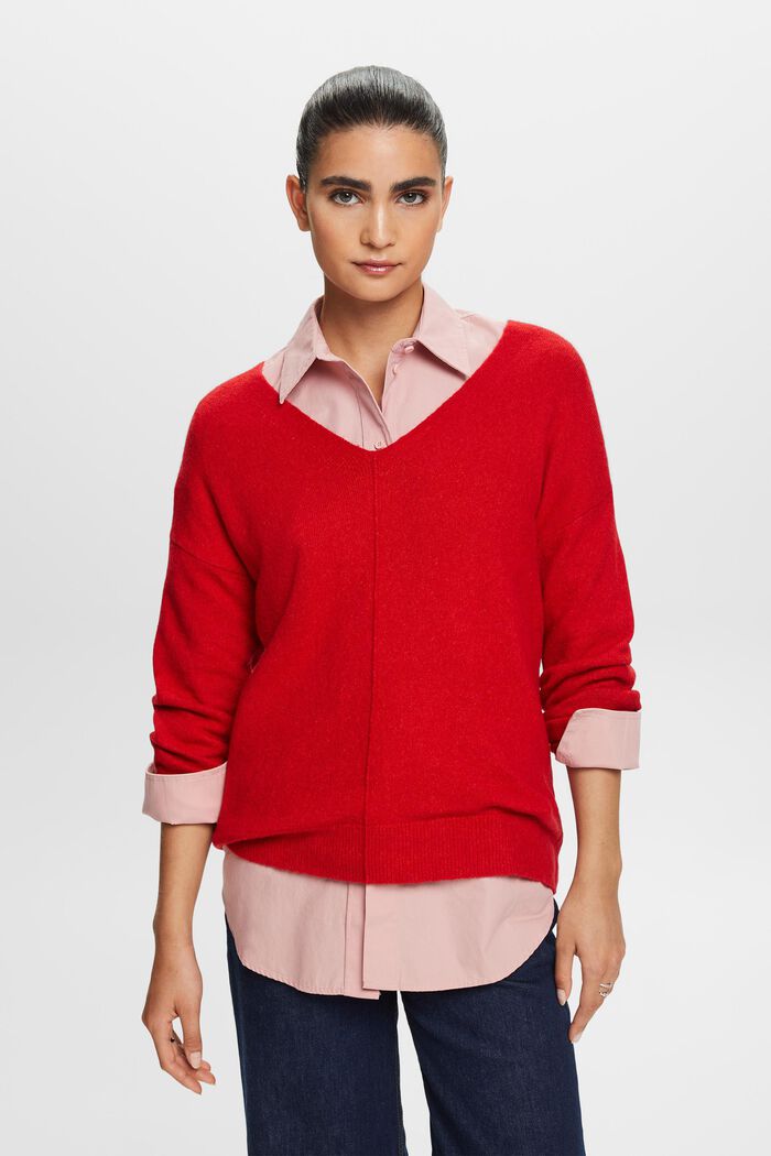 Wool Blend V-Neck Sweater, DARK RED, detail image number 0