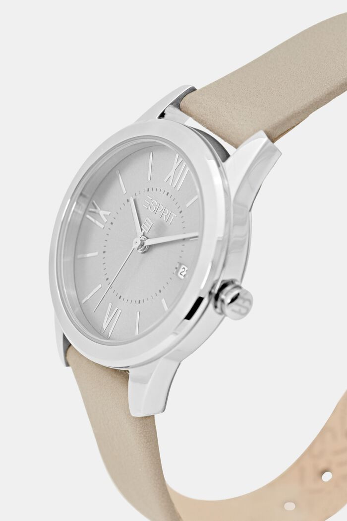 Watch with a leather strap and date display, GREY, detail image number 1