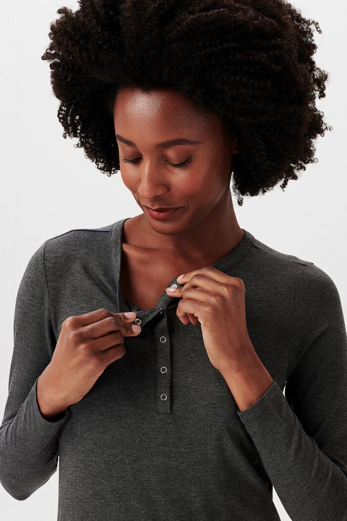 long sleeve top with button placket, CHARCOAL GREY, detail image number 2