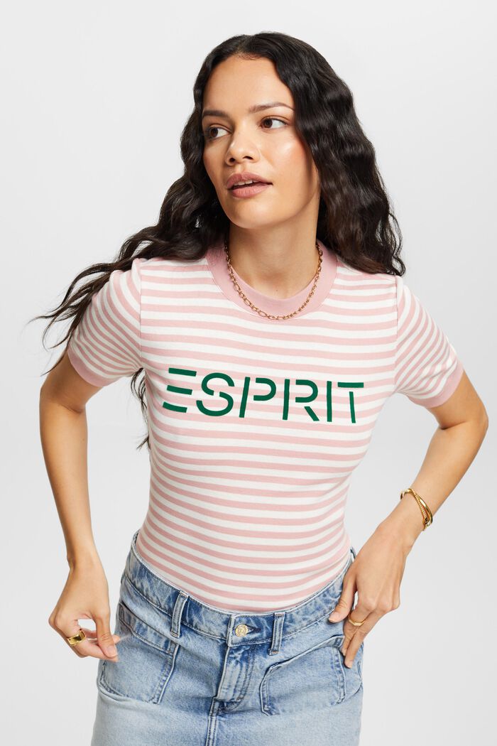 Logo-Print Striped Cotton T-Shirt, OLD PINK, detail image number 2
